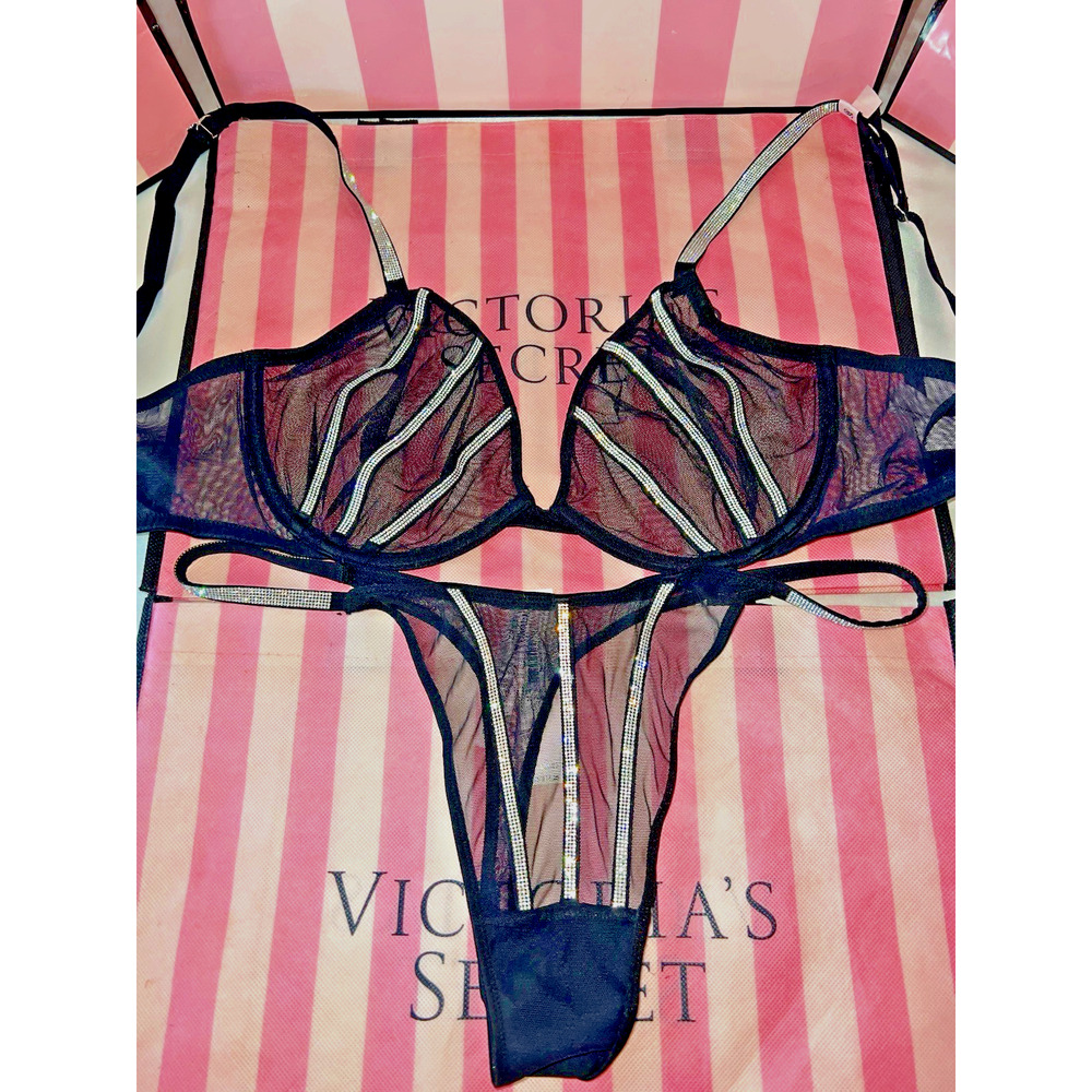Victorias Secret Bra Very Sexy Low Cut Demi Black Bling 36D Large Panty - Picture 1 of 4